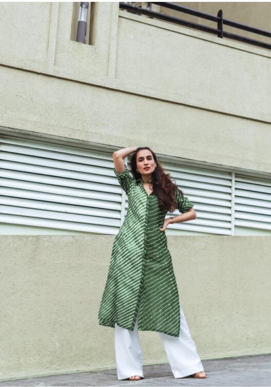 green-lehriya-with-pants-11602049GR, Women Indian Ethnic Clothing, Cotton Silk Kurta Set
