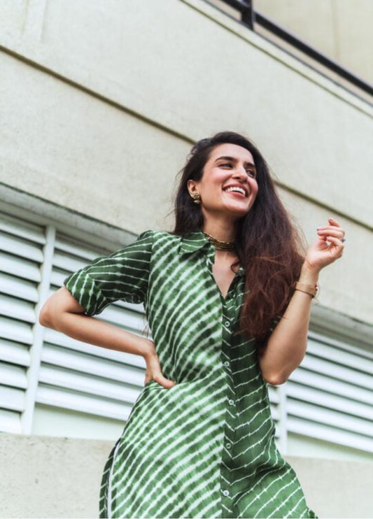 green-lehriya-with-pants-11602049GR, Women Indian Ethnic Clothing, Cotton Silk Kurta Set