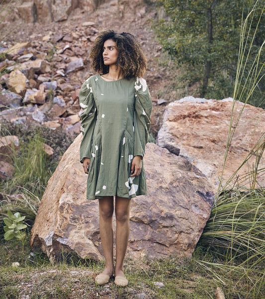 green-off-white-printed-cotton-dress-11904026GR, Women Clothing, Cotton Dress
