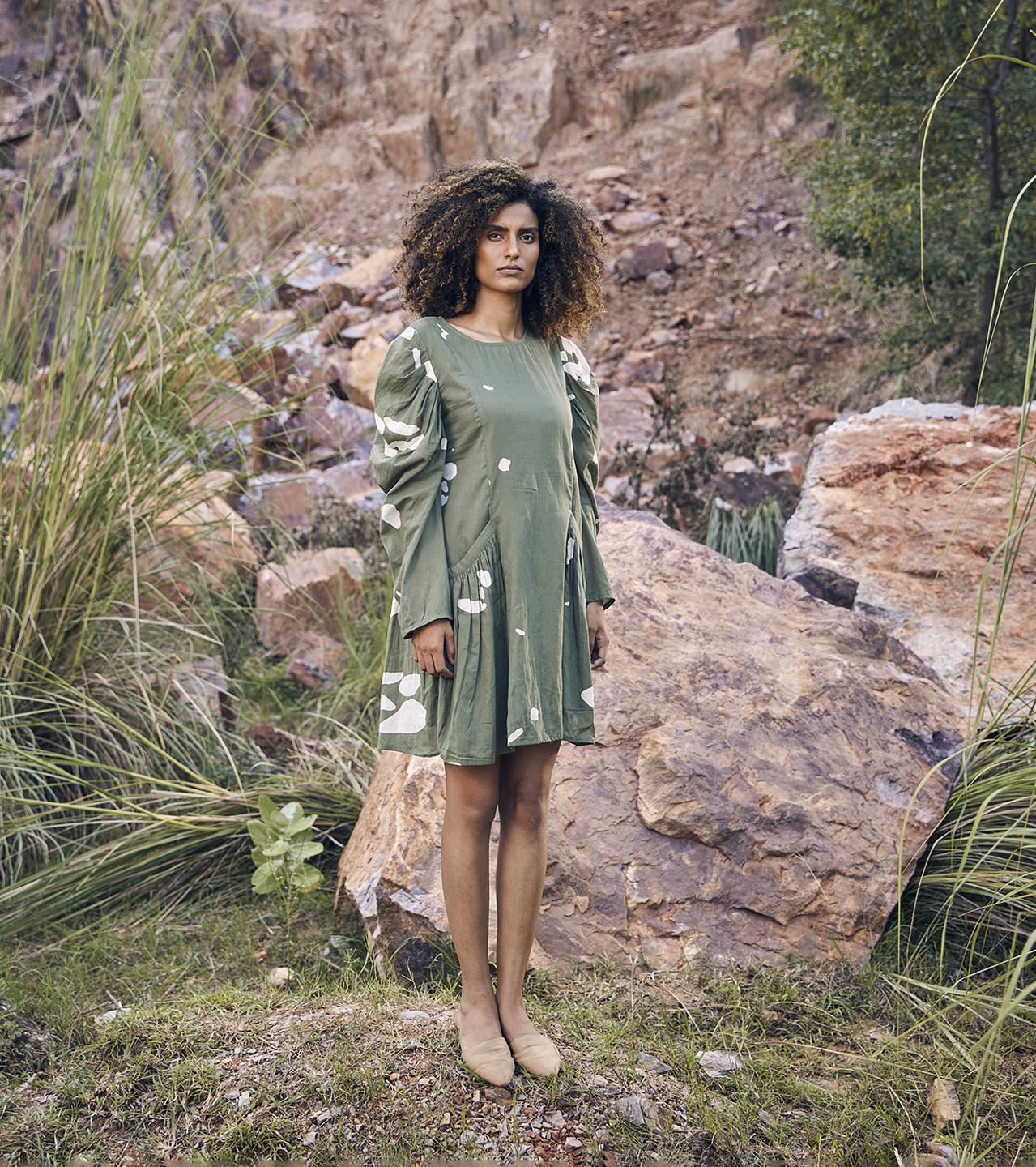 green-off-white-printed-cotton-dress-11904026GR, Women Clothing, Cotton Dress