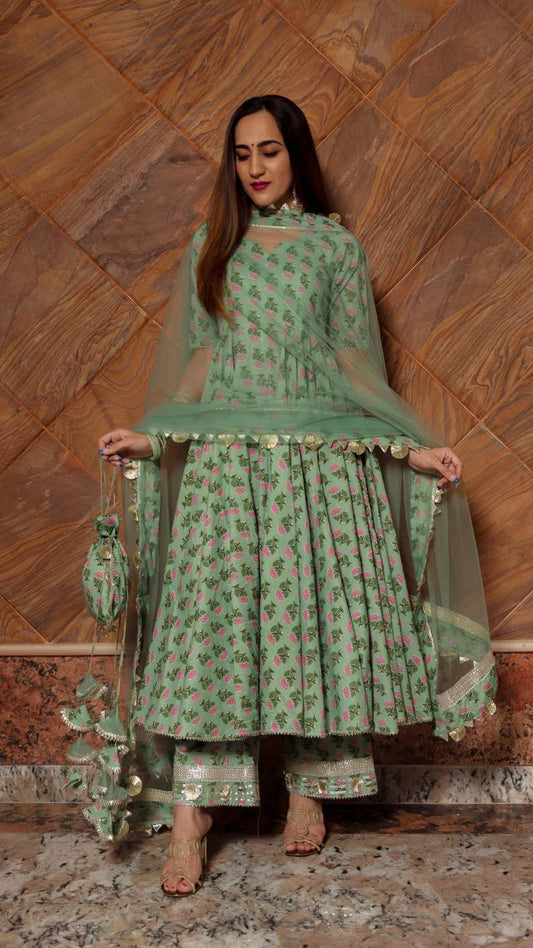 green-paisely-cotton-hand-block-anarkali-set-11403225GR, Women Indian Ethnic Clothing, Cotton Kurta Set Dupatta