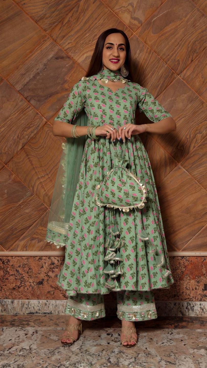 green-paisely-cotton-hand-block-anarkali-set-11403225GR, Women Indian Ethnic Clothing, Cotton Kurta Set Dupatta