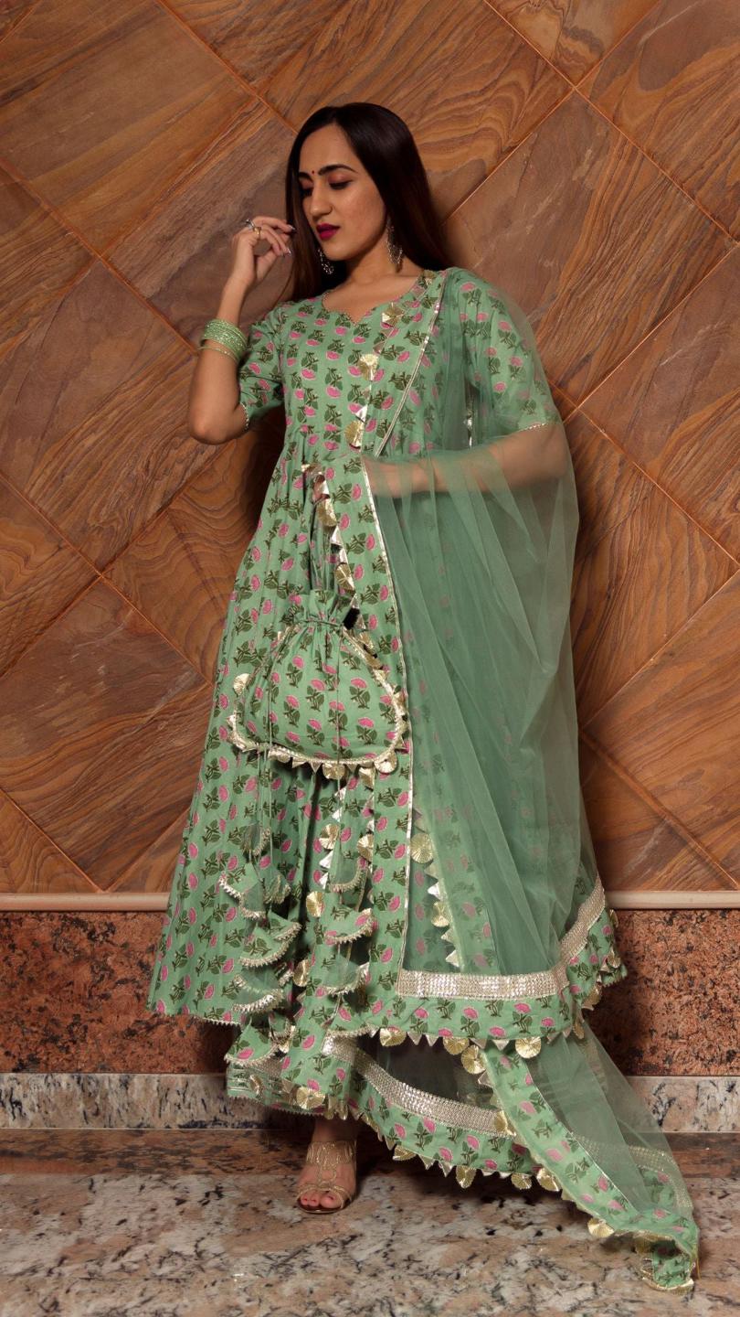 green-paisely-cotton-hand-block-anarkali-set-11403225GR, Women Indian Ethnic Clothing, Cotton Kurta Set Dupatta