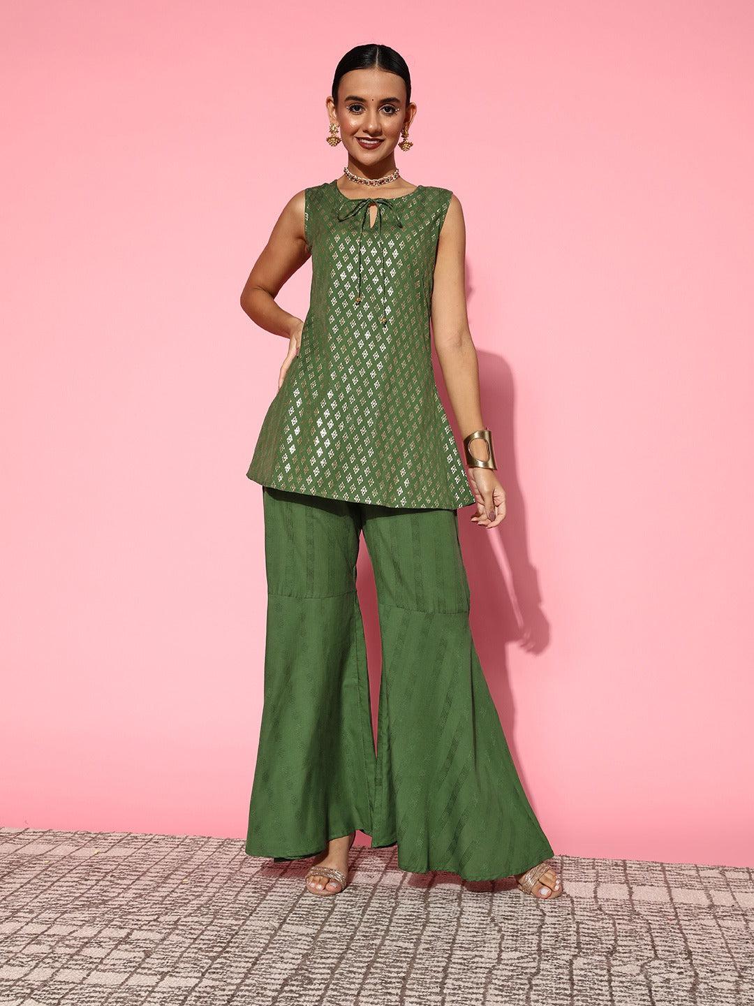 green-top-with-palazzos-10140141GR, Women Indian Ethnic Clothing, Cotton Blend Co-Ords