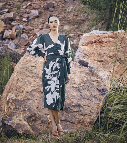 green-white-printed-cotton-midi-dress-with-side-pockets-11904025GR, Women Clothing, Cotton Dress