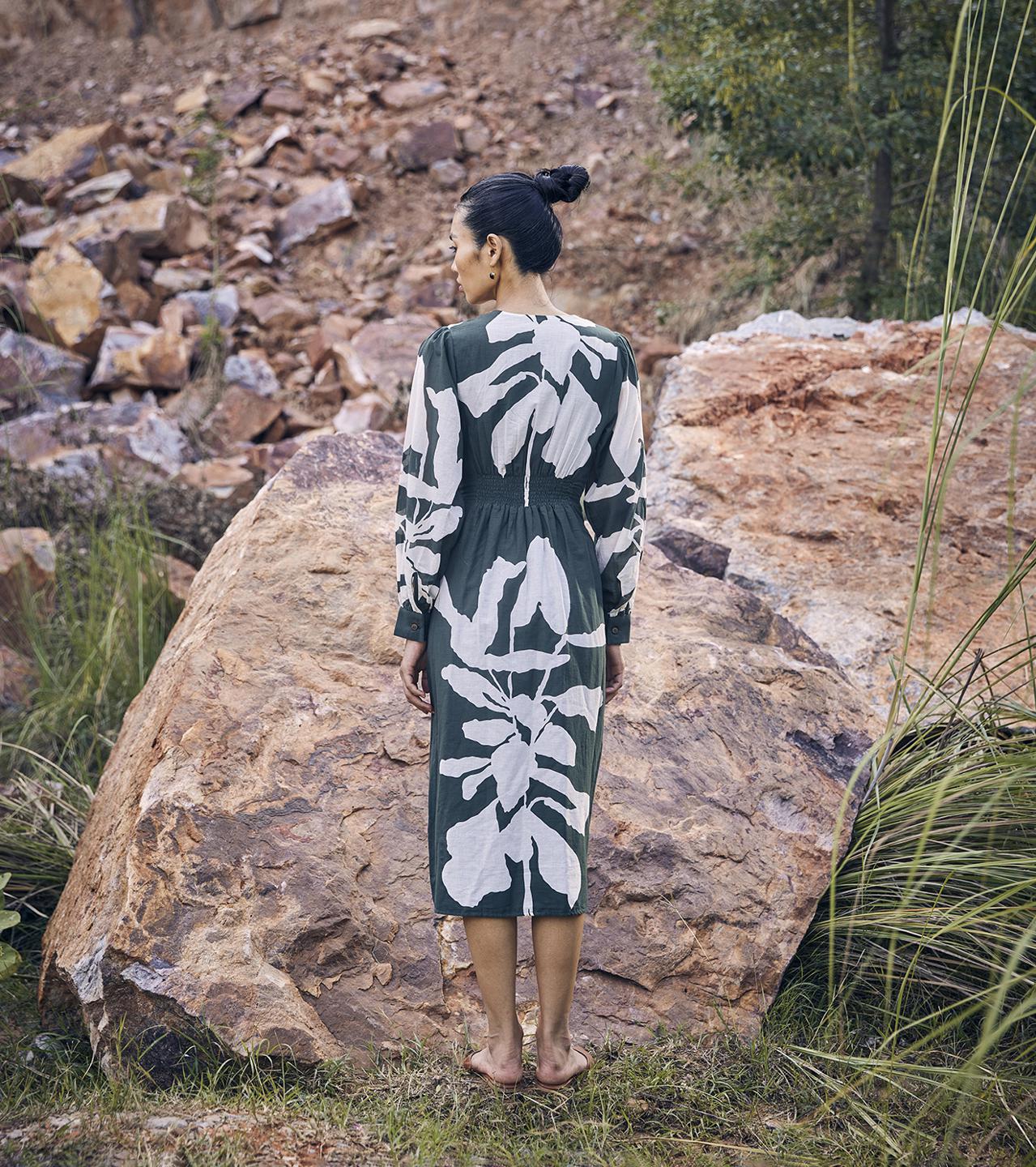 green-white-printed-cotton-midi-dress-with-side-pockets-11904025GR, Women Clothing, Cotton Dress