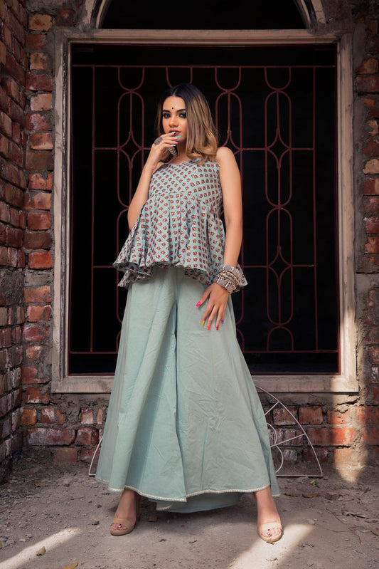 grey-hand-block-a-line-kurta-palazzo-11440200GY, Women Clothing, Cotton Matching Set