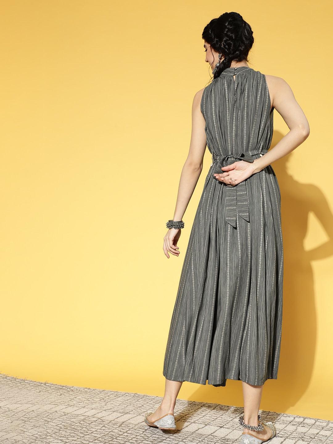 grey-off-white-striped-halter-neck-dress-10104196GY, Women Clothing, Cotton Dresses