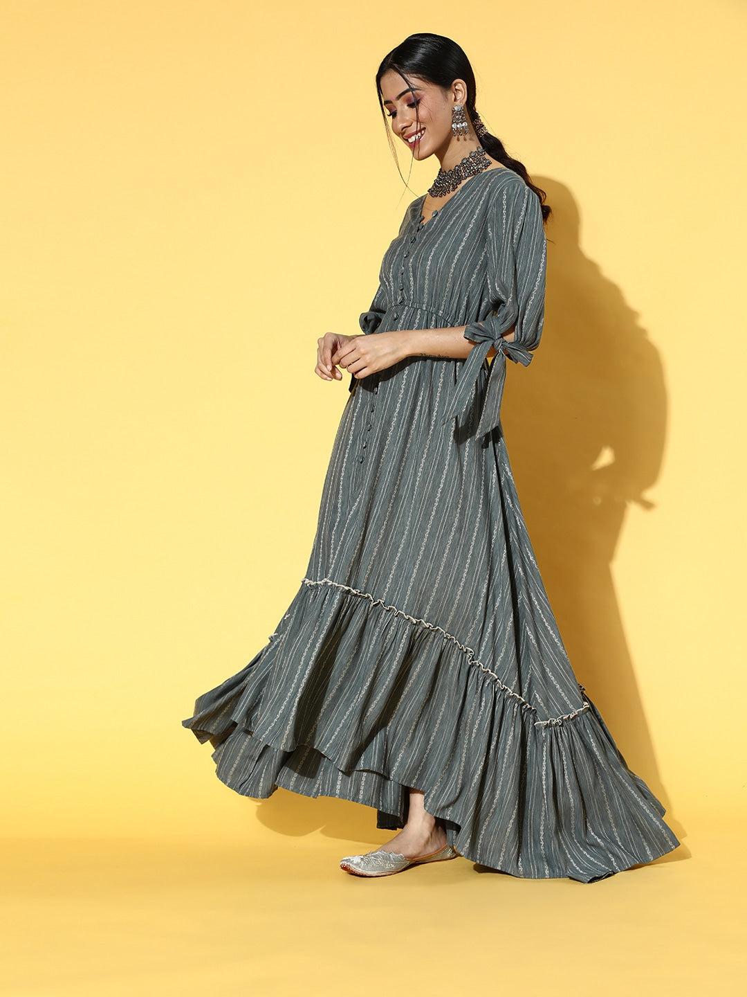 grey-striped-dress-10104184GY, Women Clothing, Cotton Dresses