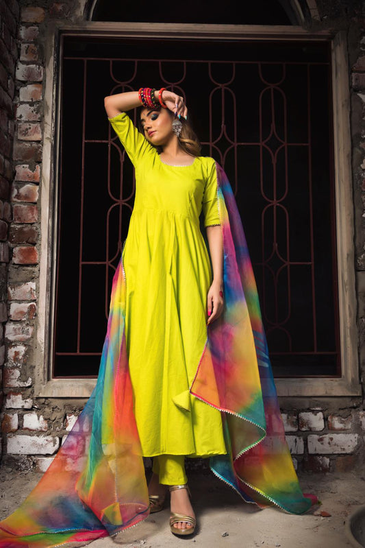 gulaal-green-pure-cotton-anarkali-set-11403196GR, Women Indian Ethnic Clothing, Cotton Kurta Set Dupatta