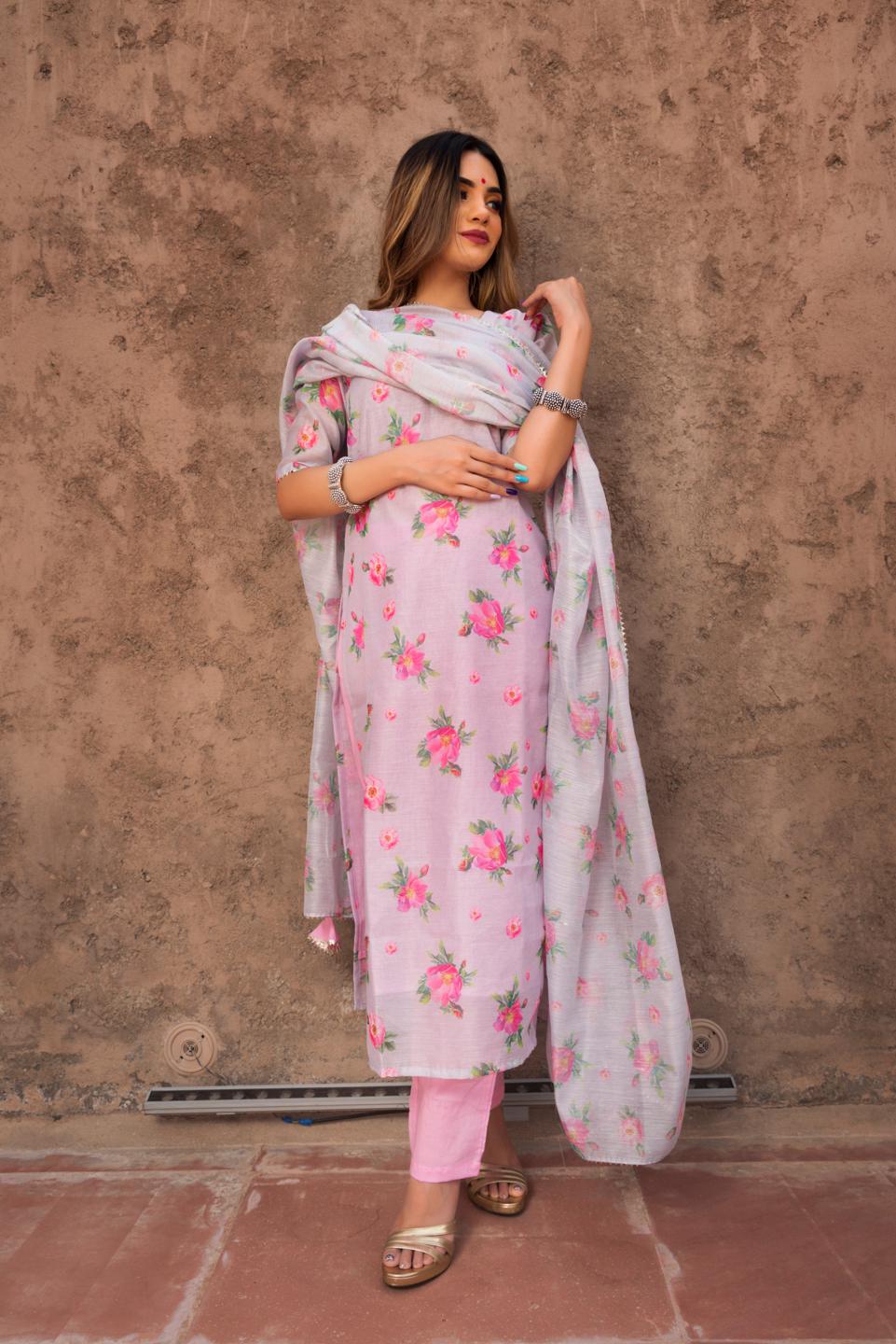 gulab-modal-cotton-suit-set-11403197WH, Women Indian Ethnic Clothing, Cotton Kurta Set Dupatta