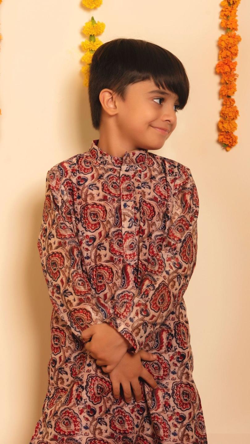 gulbagh-kurta-pant-set-11420023BR, Kids Indian Ethnic Clothing, Organza Boy Kurta Pajama Set