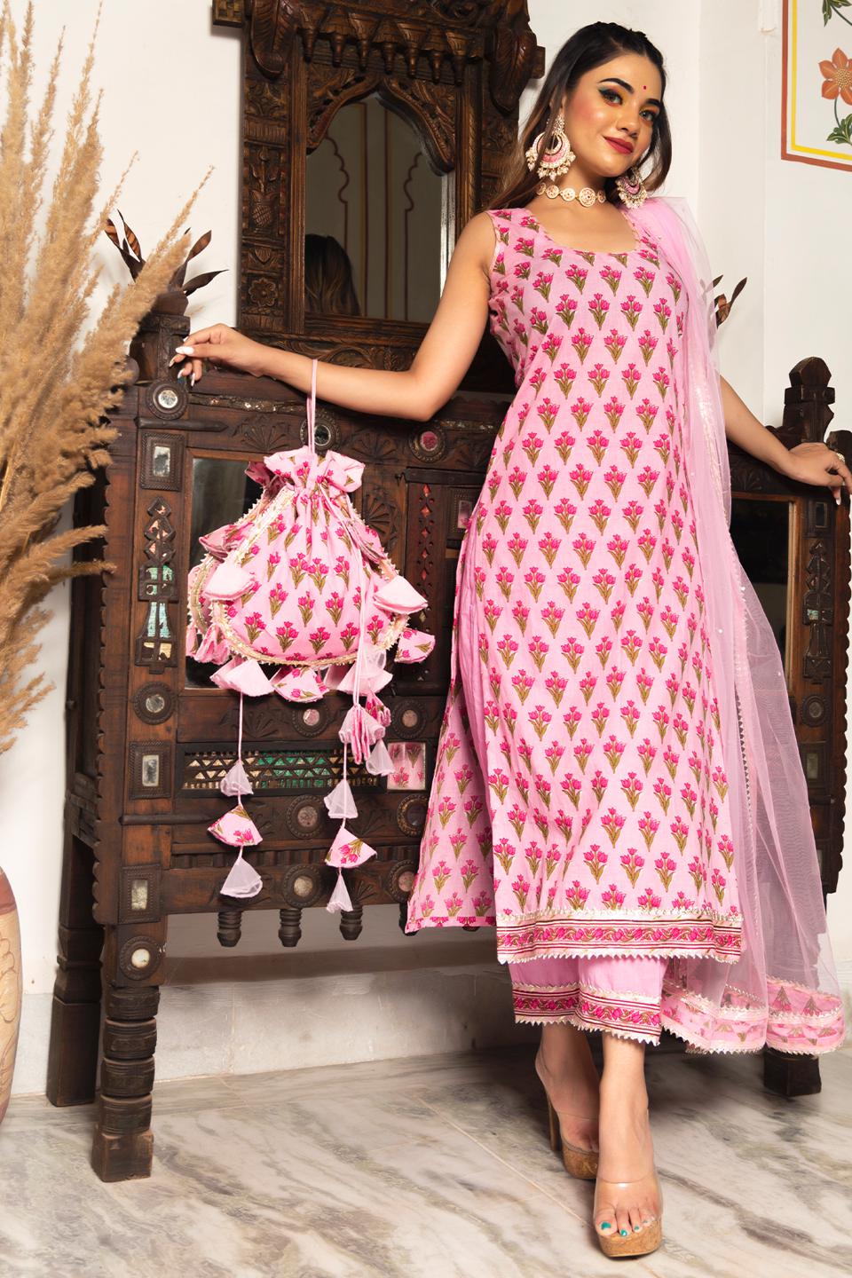 gulbahar-pink-hand-block-suit-set-11403204PK, Women Indian Ethnic Clothing, Cotton Kurta Set Dupatta