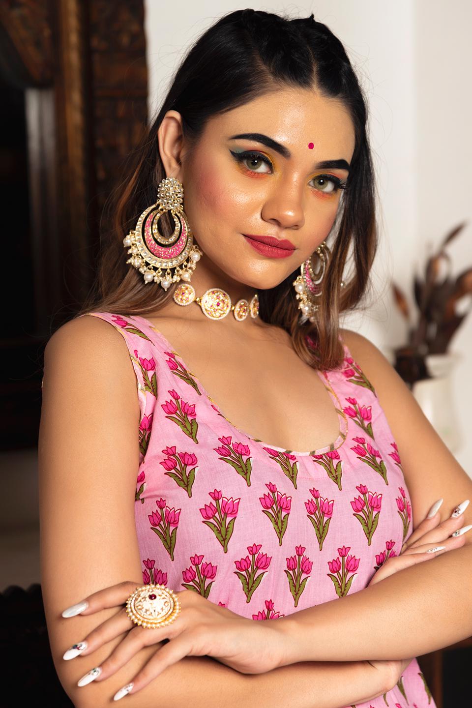 gulbahar-pink-hand-block-suit-set-11403204PK, Women Indian Ethnic Clothing, Cotton Kurta Set Dupatta