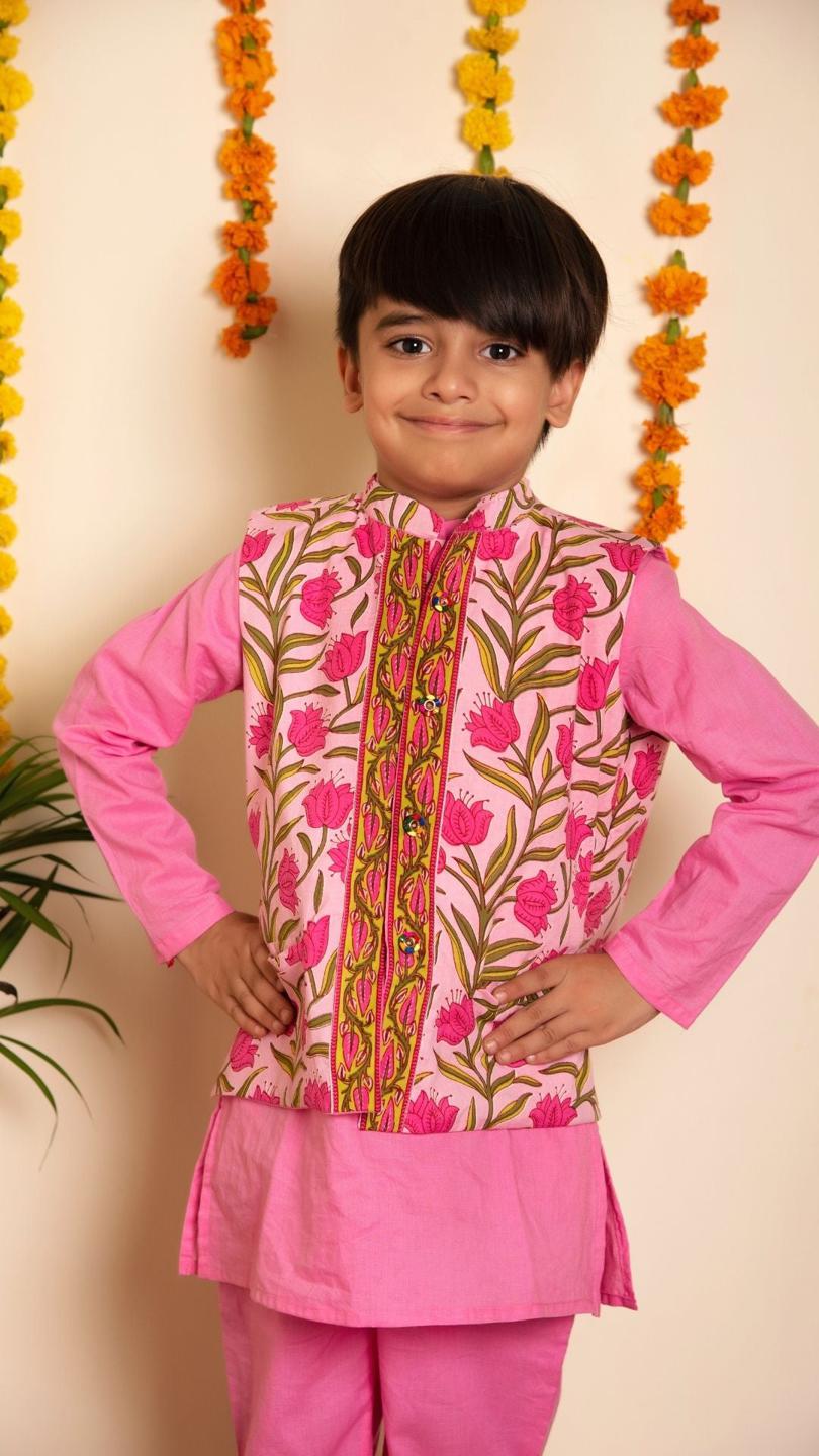 gulbhar-kurta-jacket-set-11438033GR, Kids Indian Ethnic Clothing, Cotton Boy Kurta Jacket Set