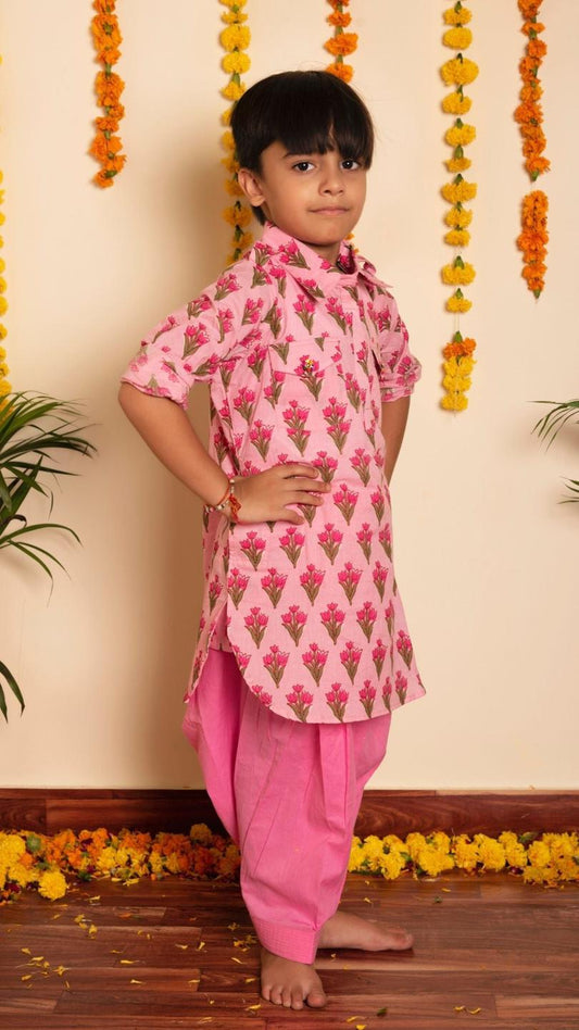gulbhar-pink-hand-block-kurta-set-11420025PK, Kids Indian Ethnic Clothing, Cotton Boy Kurta Pajama Set