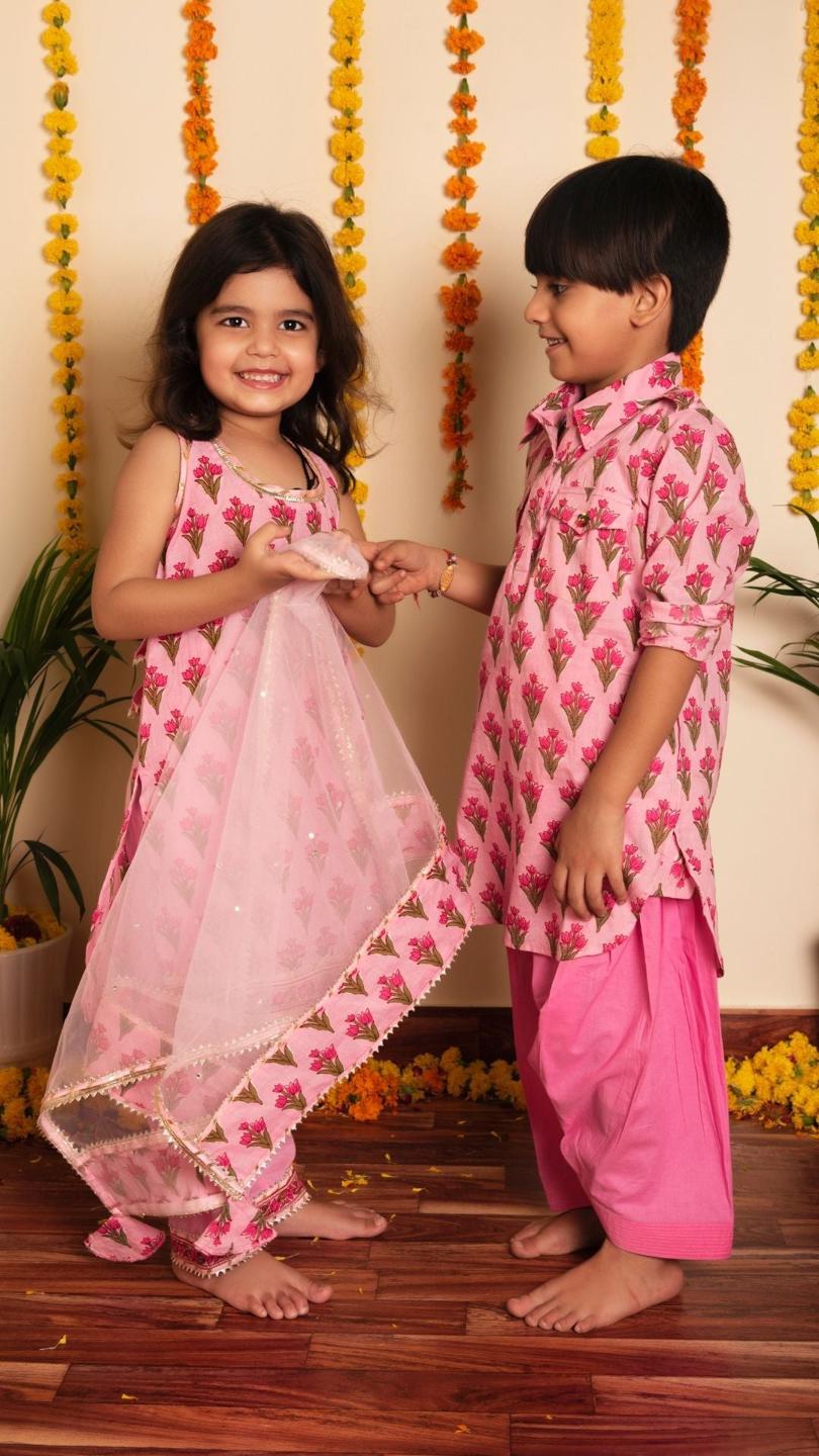 gulbhar-pink-hand-block-kurta-set-11420025PK, Kids Indian Ethnic Clothing, Cotton Boy Kurta Pajama Set