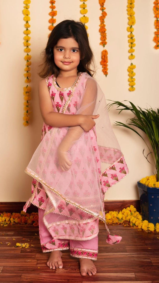 gulbhar-pink-hand-block-kurta-set-11434024PK, Kids Indian Ethnic Clothing, Cotton Girl Kurta Set