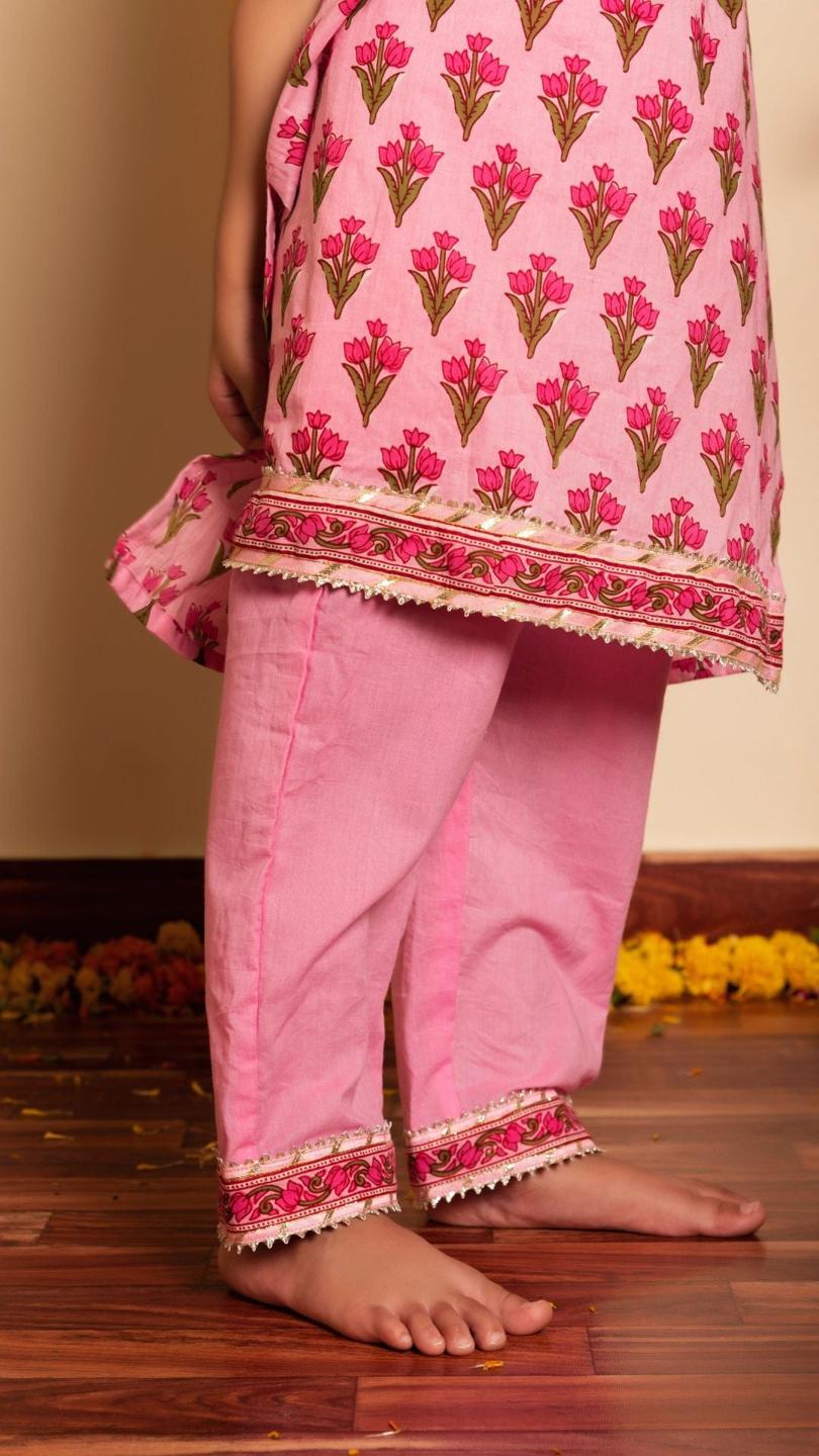 gulbhar-pink-hand-block-kurta-set-11434024PK, Kids Indian Ethnic Clothing, Cotton Girl Kurta Set