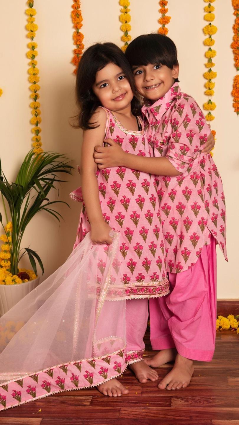 gulbhar-pink-hand-block-kurta-set-11434024PK, Kids Indian Ethnic Clothing, Cotton Girl Kurta Set