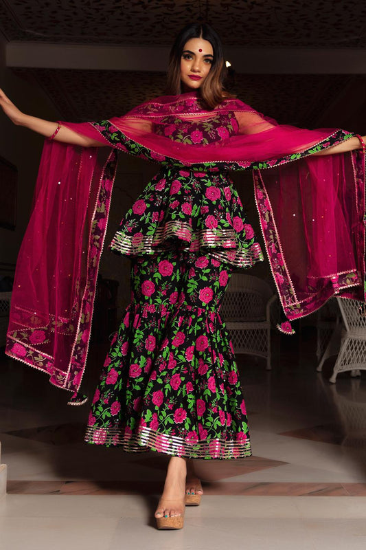 gulmohar-cotton-hand-block-sharara-set-11403209BK, Women Indian Ethnic Clothing, Cotton Kurta Set Dupatta