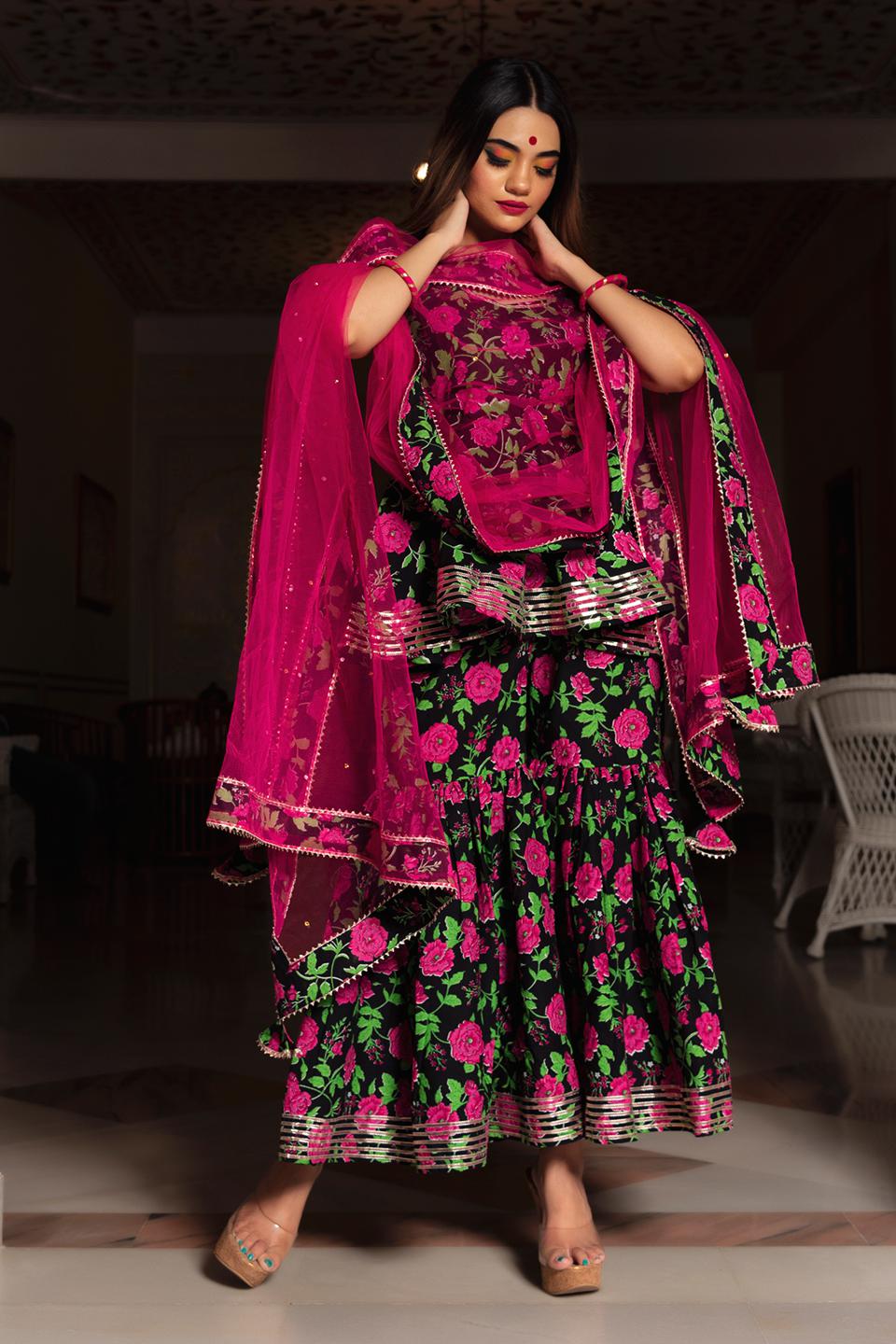 gulmohar-cotton-hand-block-sharara-set-11403209BK, Women Indian Ethnic Clothing, Cotton Kurta Set Dupatta