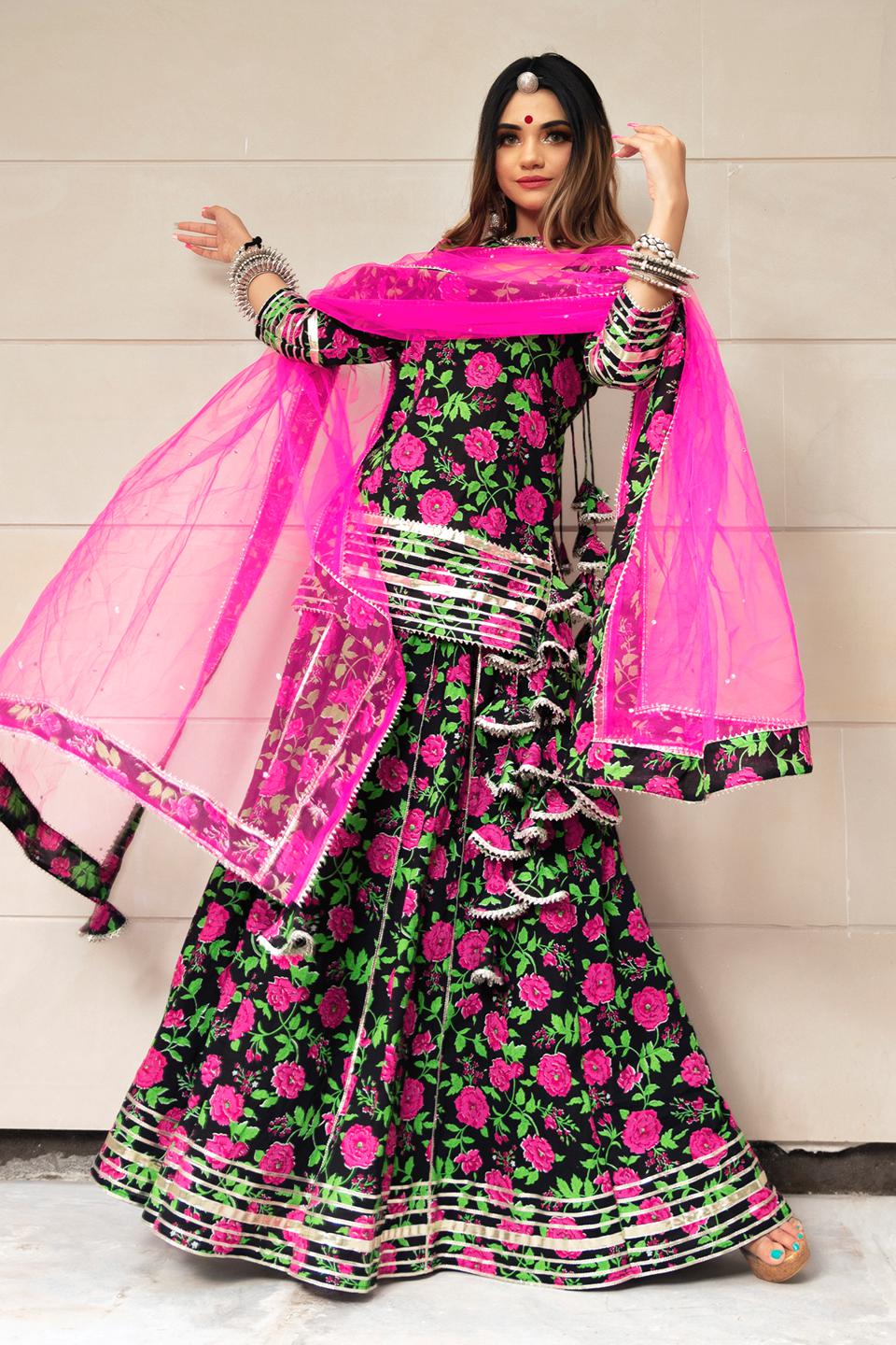 gulmohar-cotton-hand-block-skirt-set-11403208BK, Women Indian Ethnic Clothing, Cotton Kurta Set Dupatta