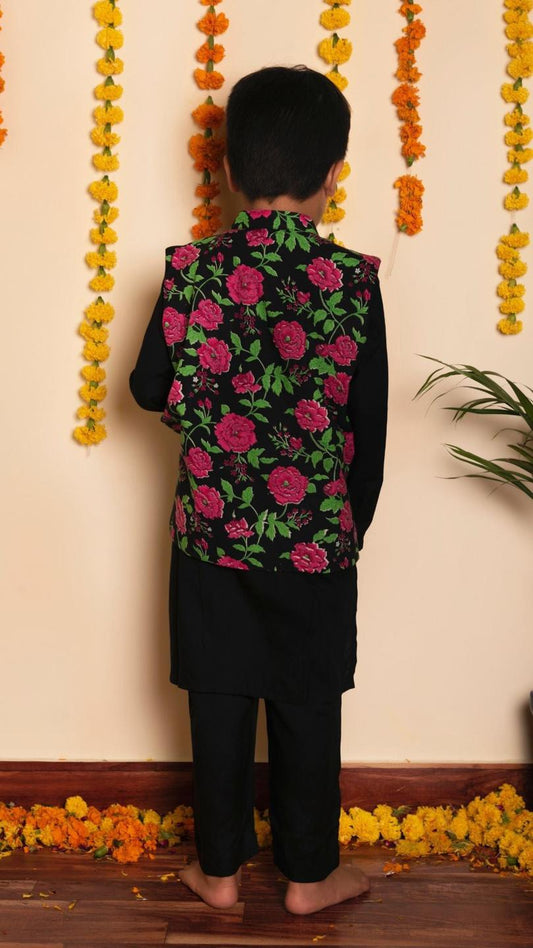 gulmohar-hand-block-kurta-jacket-set-11438027BK, Kids Indian Ethnic Clothing, Rayon Boy Kurta Jacket Set