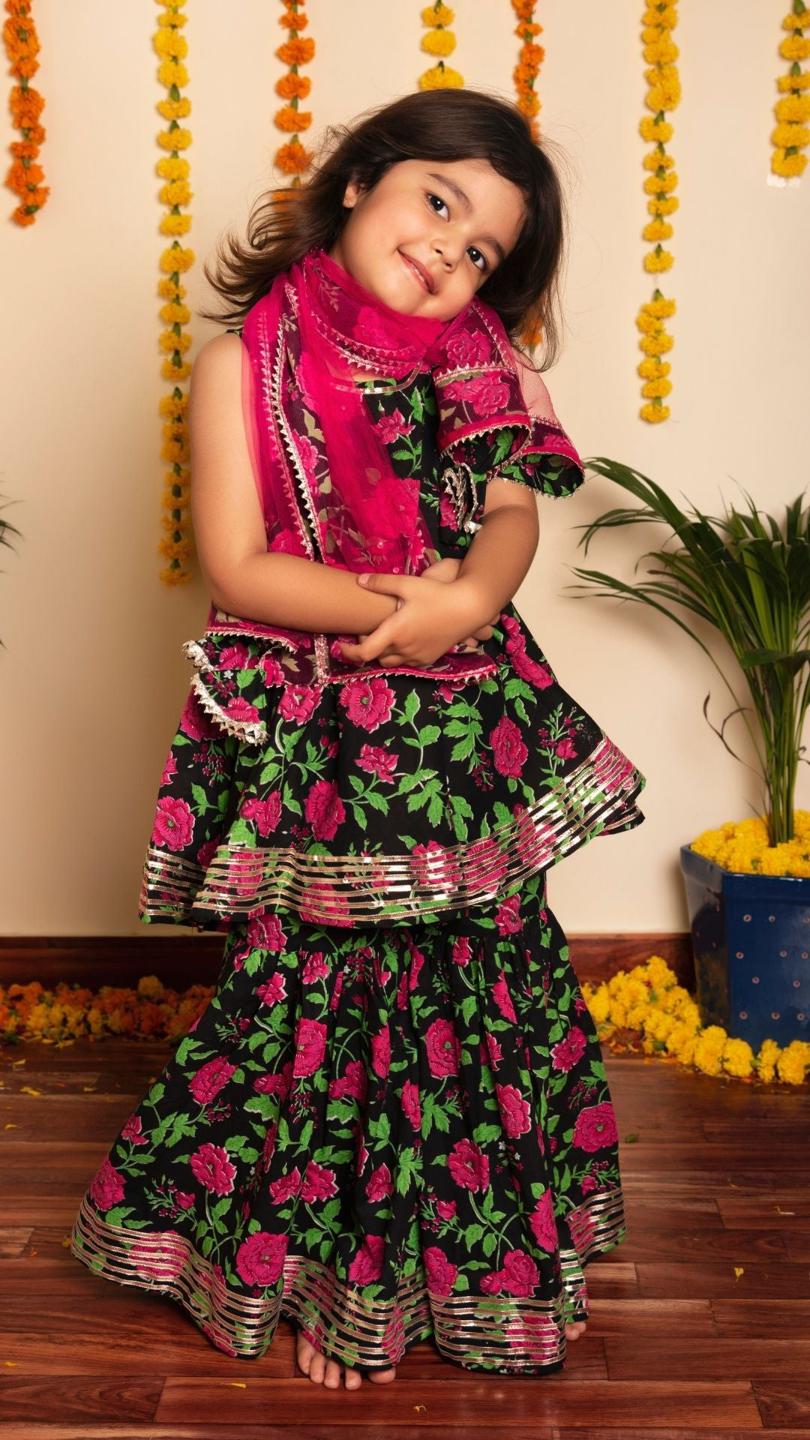 gulmohar-hand-block-sharara-set-11434026BK, Kids Indian Ethnic Clothing, Cotton Girl Kurta Set