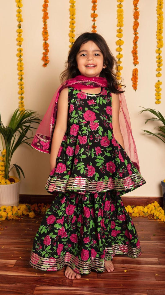 gulmohar-hand-block-sharara-set-11434026BK, Kids Indian Ethnic Clothing, Cotton Girl Kurta Set