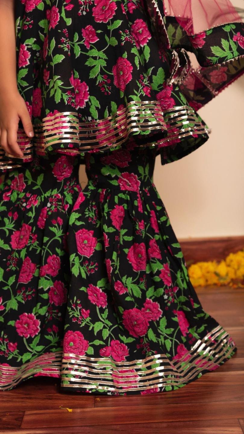 gulmohar-hand-block-sharara-set-11434026BK, Kids Indian Ethnic Clothing, Cotton Girl Kurta Set