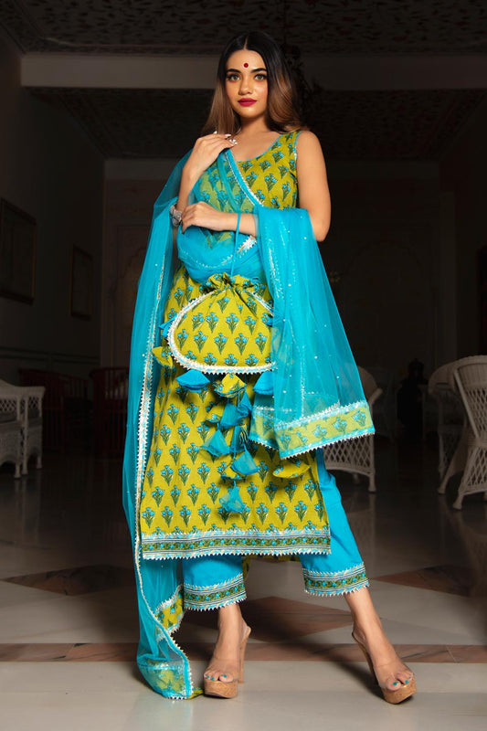 gulzar-blue-hand-block-cotton-suit-set-11403210GR, Women Indian Ethnic Clothing, Cotton Kurta Set Dupatta