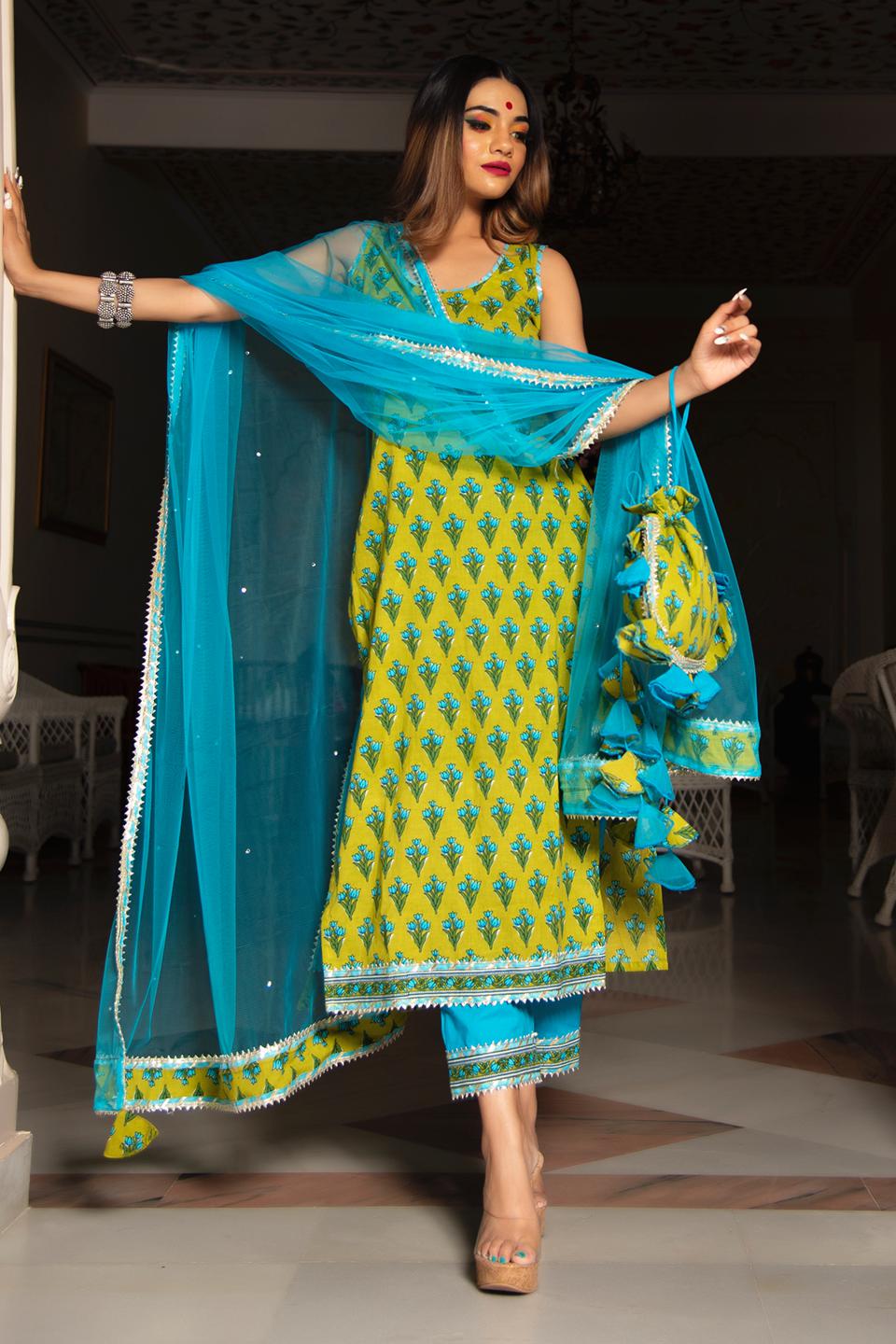 gulzar-blue-hand-block-cotton-suit-set-11403210GR, Women Indian Ethnic Clothing, Cotton Kurta Set Dupatta