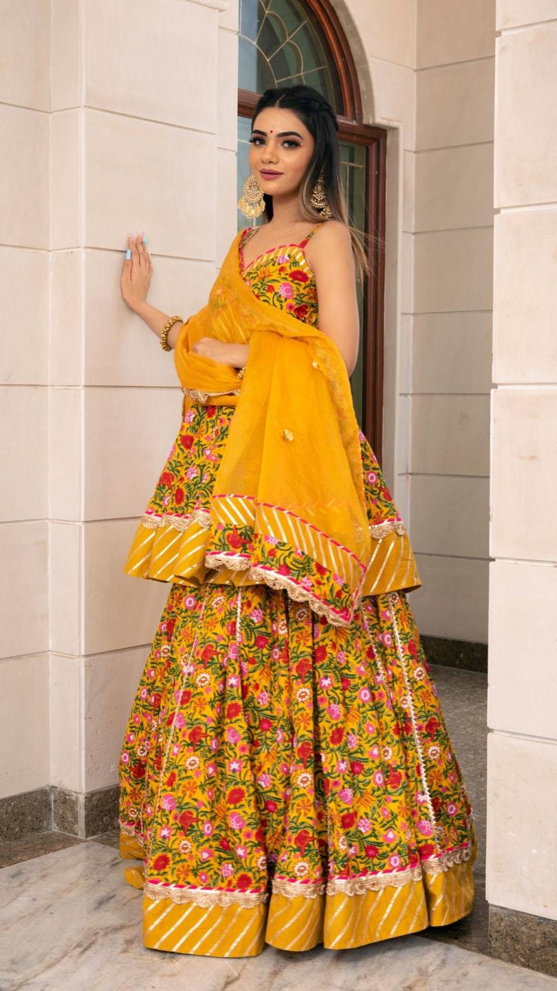 haldi-yellow-hand-block-print-lehenga-set-11423220YL, Women Indian Ethnic Clothing, Cotton Silk Lehenga Choli