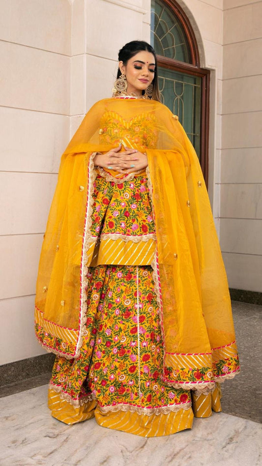 haldi-yellow-hand-block-print-lehenga-set-11423220YL, Women Indian Ethnic Clothing, Cotton Silk Lehenga Choli