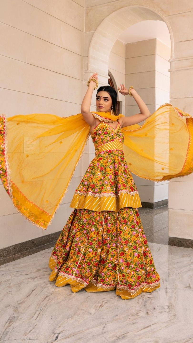 haldi-yellow-hand-block-print-lehenga-set-11423220YL, Women Indian Ethnic Clothing, Cotton Silk Lehenga Choli