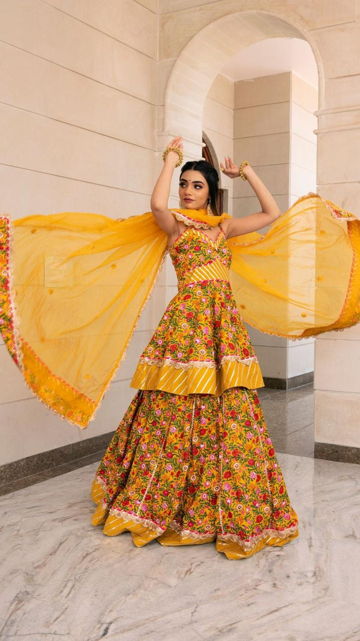 Haldi Yellow Hand Block Print Lehenga Set for Women - Free Shipping ...