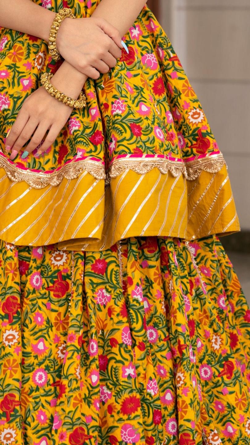 Haldi Yellow Hand Block Print Lehenga Set for Women - Free Shipping ...