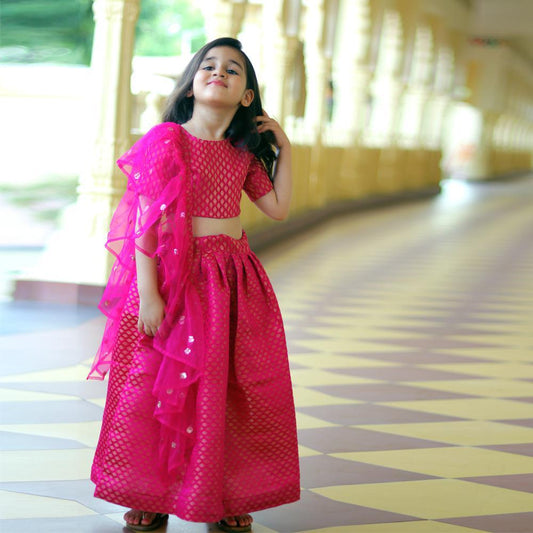 half-sleeves-pink-lehengas-and-blouses-set-10509006PK, Kids Clothing, Blended,Cotton,Net Girl Lehenga Set