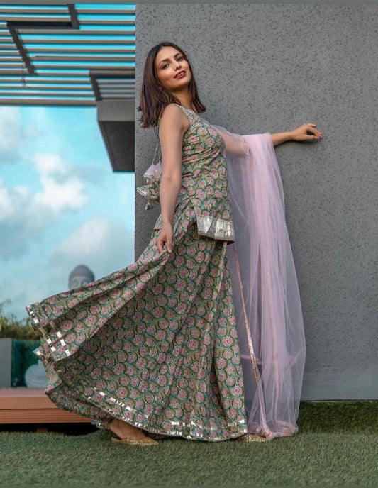 hand-block-print-cotton-kurta-skirt-set-11403190GR, Women Indian Ethnic Clothing, Cotton Kurta Set Dupatta