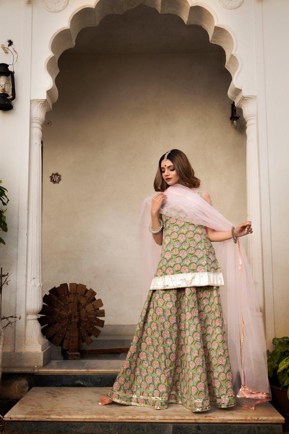 hand-block-print-cotton-kurta-skirt-set-11403190GR, Women Indian Ethnic Clothing, Cotton Kurta Set Dupatta