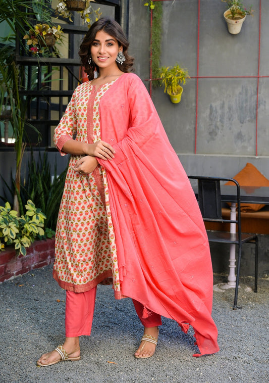 hand-block-printed-kurta-dupatta-set-10103008PC, Women Indian Ethnic Clothing, Cotton Kurta Set Dupatta