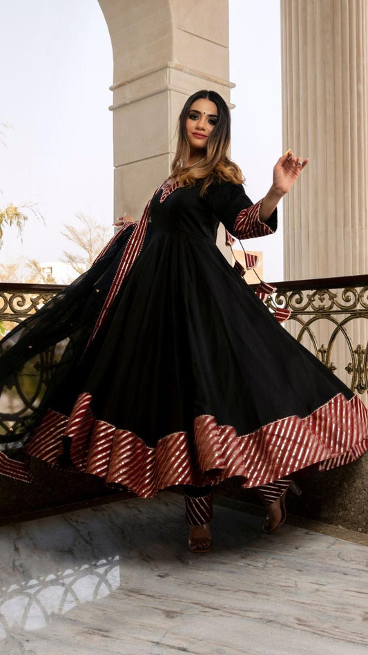 hina-black-and-maroon-anrkali-set-11403161BK, Women Indian Ethnic Clothing, Cotton Silk Kurta Set Dupatta