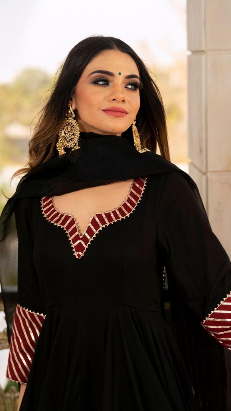 hina-black-and-maroon-anrkali-set-11403161BK, Women Indian Ethnic Clothing, Cotton Silk Kurta Set Dupatta