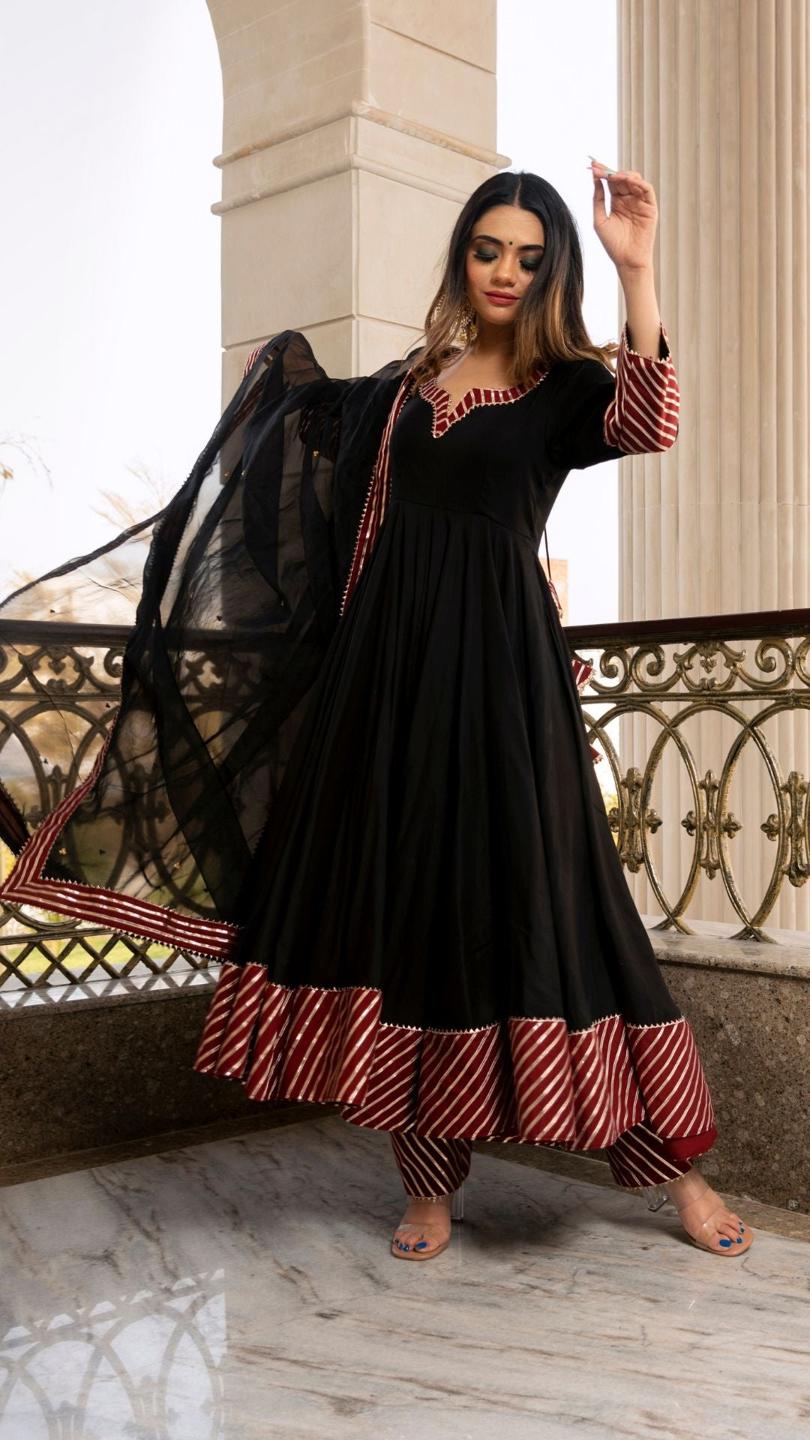 hina-black-and-maroon-anrkali-set-11403161BK, Women Indian Ethnic Clothing, Cotton Silk Kurta Set Dupatta