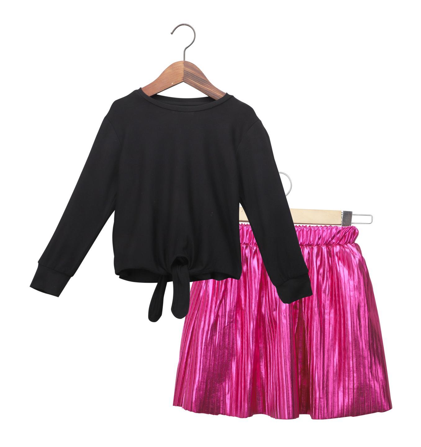 hot-pink-foil-pleated-skirt-with-balck-knot-full-sleeves-top-10513014PK, Kids Clothing, Leather,Cotton Girl Skirt Set