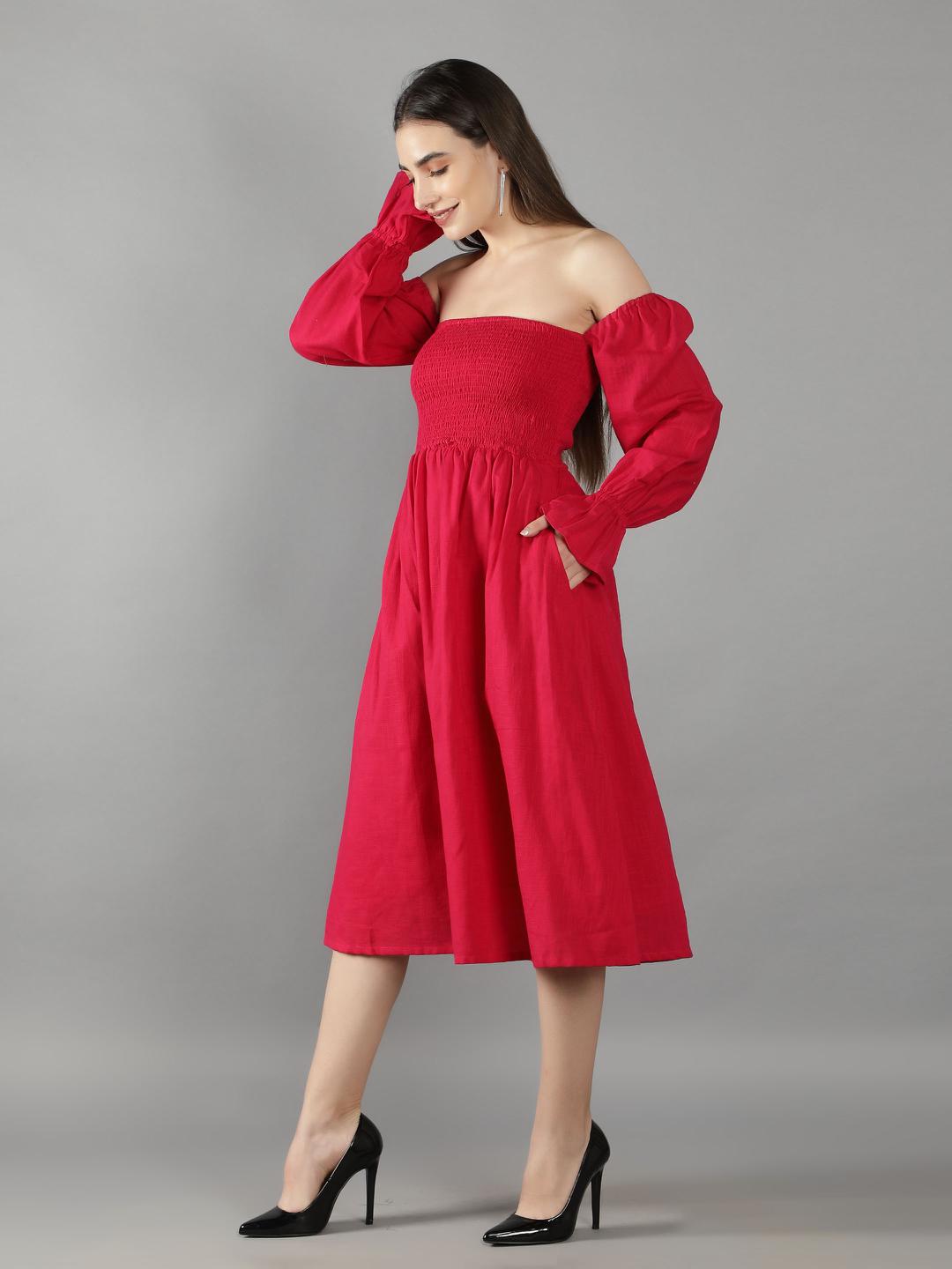 hot-pink-off-shoulder-smoke-dress-11704123PK, Women Clothing, Cotton Linen Dress