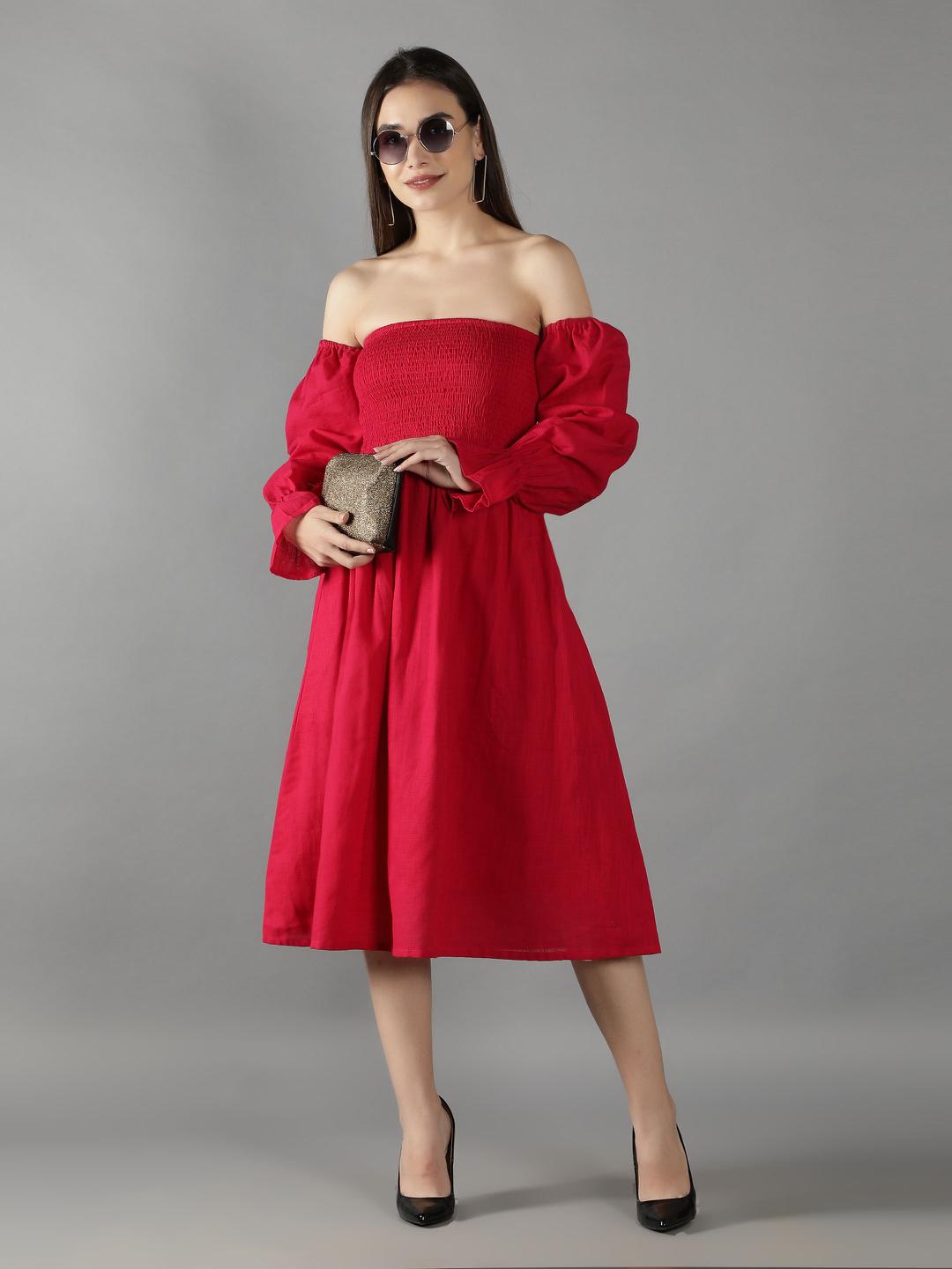 hot-pink-off-shoulder-smoke-dress-11704123PK, Women Clothing, Cotton Linen Dress