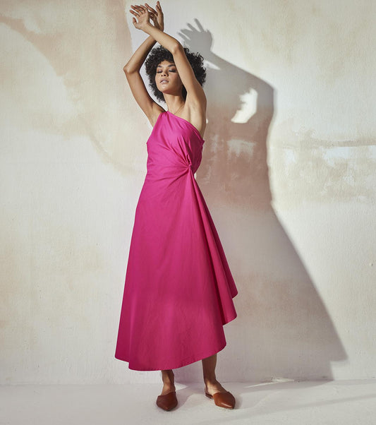 hot-pink-poplin-off-shoulder-fit-flare-dress-11904087PK, Women Clothing, Cotton Dress