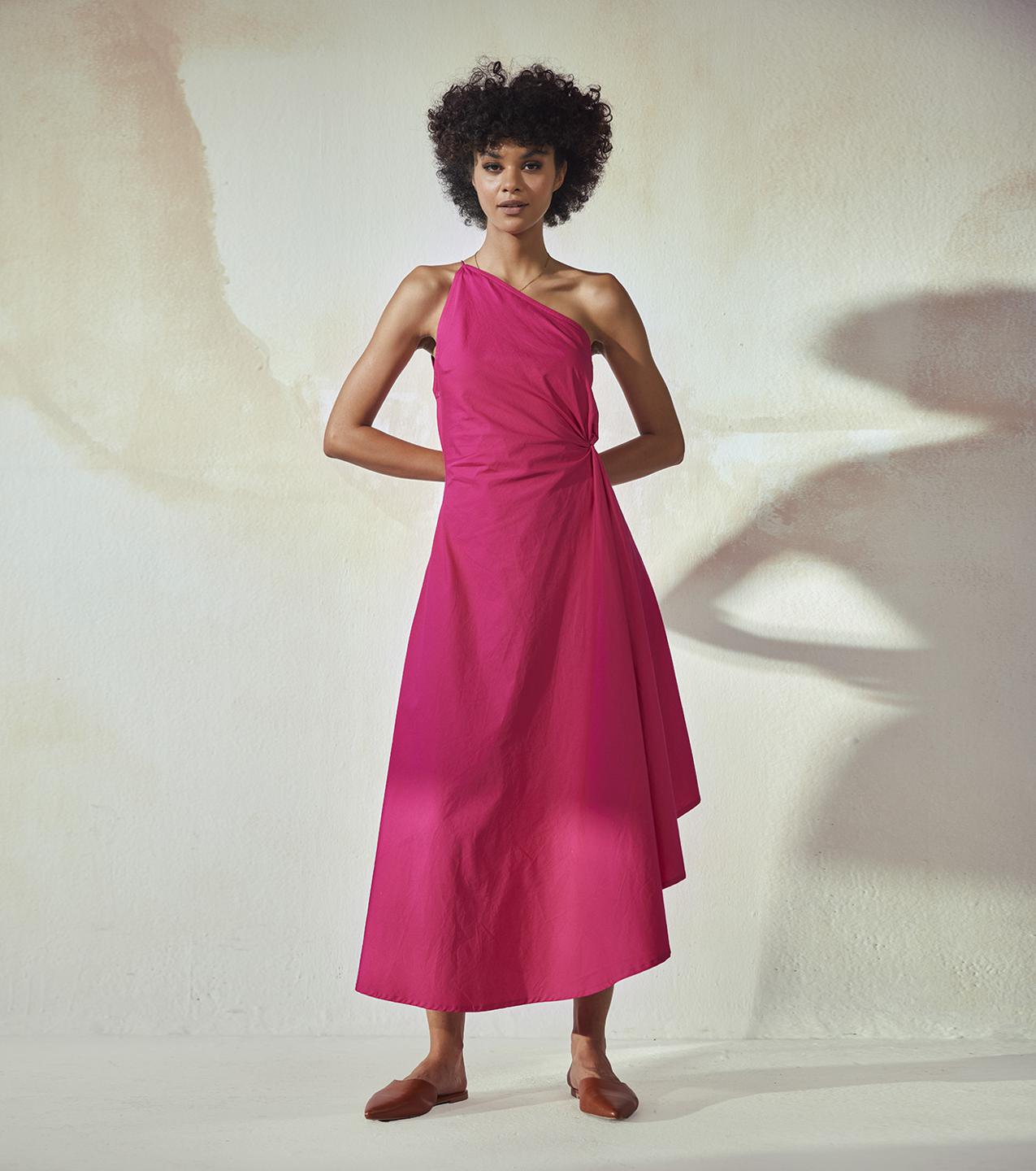 hot-pink-poplin-off-shoulder-fit-flare-dress-11904087PK, Women Clothing, Cotton Dress